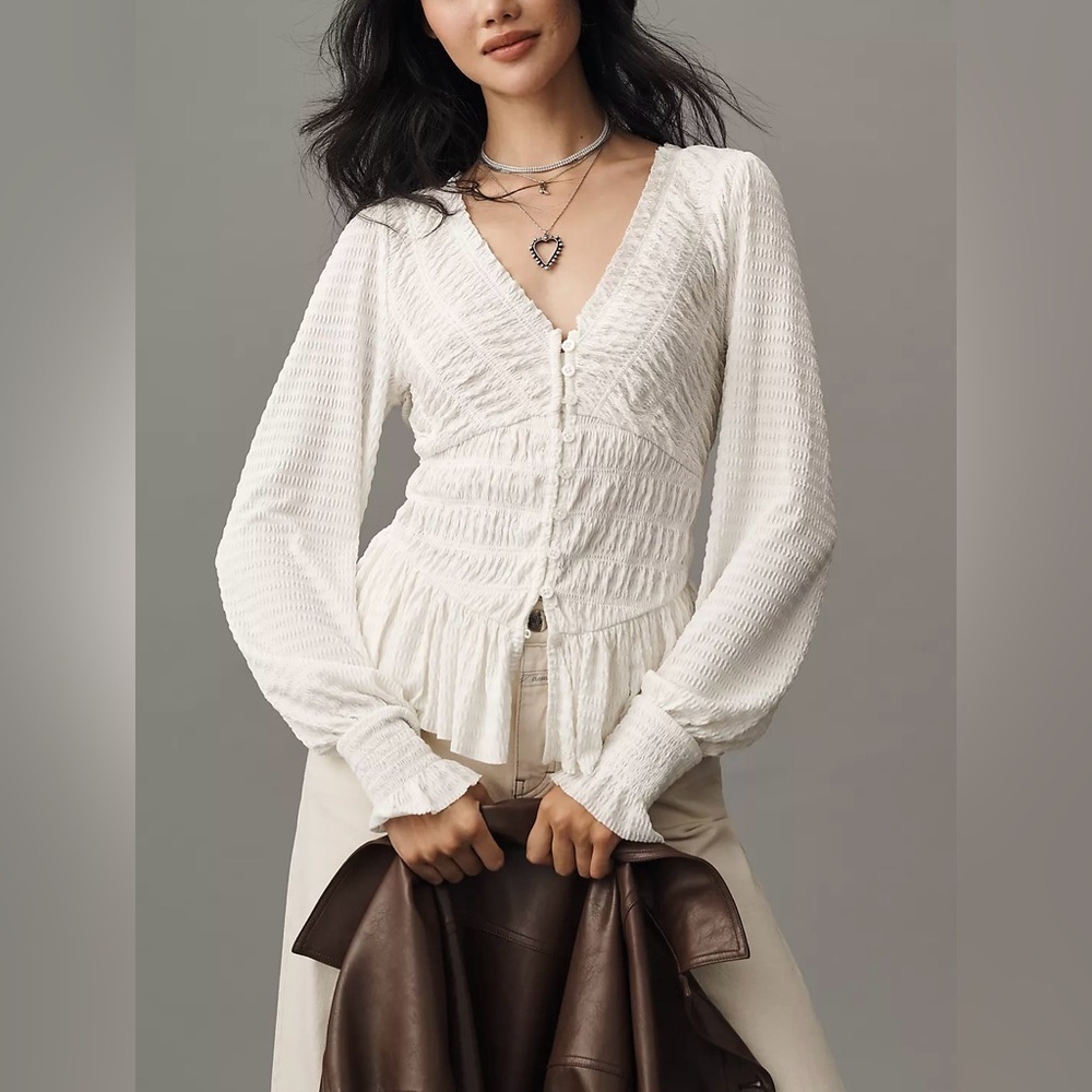 NWT Size S - By Anthropologie Smocked V-Neck Blouse in white (NWT US$ 88)